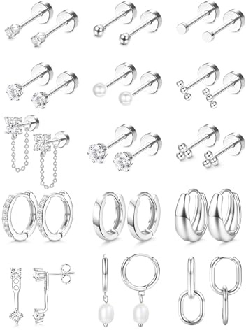 Chriscoco 15Paar Ohrringe Set Ohrringe Chirurgenstahl Damen Piercing Ohr Gold/Silber Hypoallergene Medizinische Ohrstecker Creolen Mit Anhänger Flatback Ohrstecker Tragus Helix Piercings