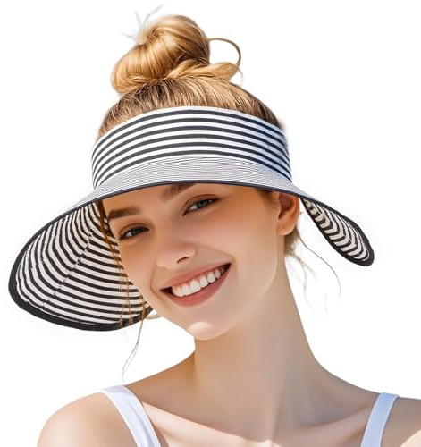 powerking Chapeaux de viseur Solaire pour Les Femmes, Protection UV Large Bordure Paille Chapeau de Plage, Chapeaux d'été de Queue de Cheval Pliables emballables,Rayures