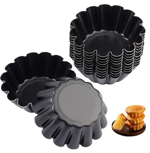 12 Piezas Moldes Mini Tartaletas Acero Carbono, 6.35 cm/2.5 in Moldes para Tartaletas Individuales,Reutilizables y Antiadherentes,Molde de Tarta de Huevo para Pudding, Tarta, Cupcake, Muffin