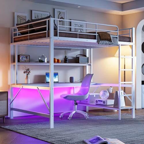 Huayz Hochbett Metall 140x200 cm,Mit USB und Steckdose, Mit LED-Leuchten,für Kinder, Jugendliche und Erwachsene, Metallbett Etagenbett mit Schreibtisch und Regal,ohne Matratze