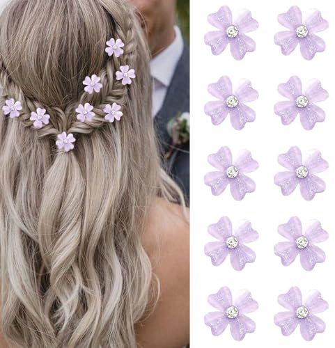 Mezrkuwr Lot de 10 mini pinzas para el cabello con flores violetas y strass - Pequeña pinza para el cabello decorativa - Para boda - Accesorios de cabello de novia