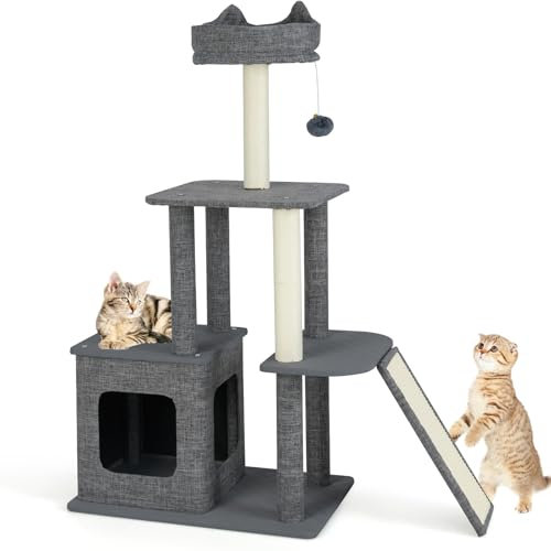COSTWAY Kratzbaum Klein, 117 cm hoch, Katzenbaum mit Höhle, Kratzsäulen, Sisal-Rampe, Ball & Springplattform, Katzenkratzbaum modern, Kletterbaum Katzenmöbel Katzen, Grau+Beige
