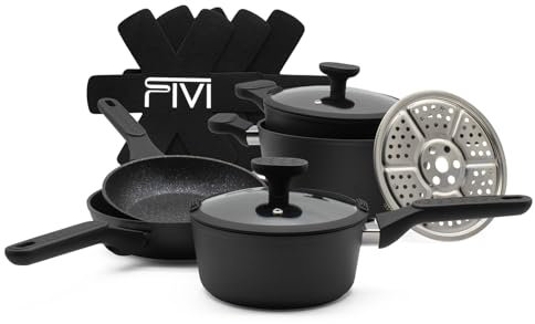 FIVI Kochgeschirr-Set 12-teilig SOPHIA, GUIDO, KURT, UTZ, ALICE mit Glasdeckeln | Verschiedene Größen&vielseitige Einsatzmöglichkeiten 100% recyceltes Aluminium STONELINE® alle Kochfelder geeignet