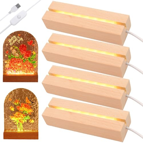 BAIFULAI Pack de 4 bases LED de madera, base de madera de 20 cm, base de luz con interruptor USB, colores cálidos, base de luz, base de visualización de luces para placa acrílica de 3 mm de grosor