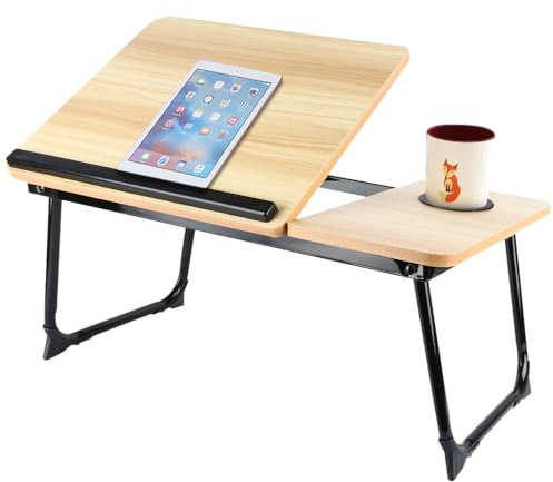 Table de lit Pliable et réglable, Plateau pour Ordinateur Portable avec Plateau inclinable, tiroir, Bureau de lit en Bambou,Support d'Ordinateur (56 * 33 * 24cm)