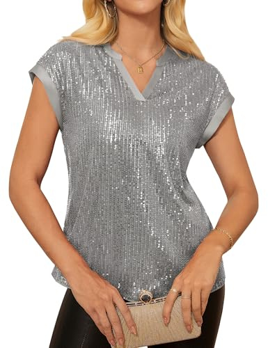 GRACE KARIN Damen Pailletten Bluse Elegant V Ausschnitt Kurzarm Glitzer Top
