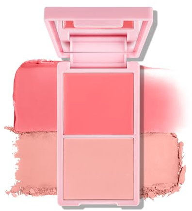 KYDA 2 Colors Cream and Powder Blush Duo, Two Tone Pigmented Buildable Pressed Powder, Rosy Natural Cheeks Matte Finish, for All Skin Color, 02