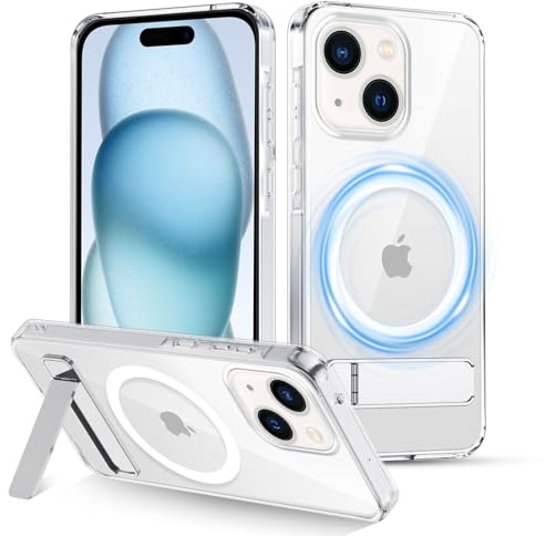XTCASE für iPhone 15 Hülle Magnetisch kompatibel mit Magsafe, Transparent Handy Hülle mit Metall Ständer Stoßfest Handyhülle Kratzfest Hardcase, Durchsichtig