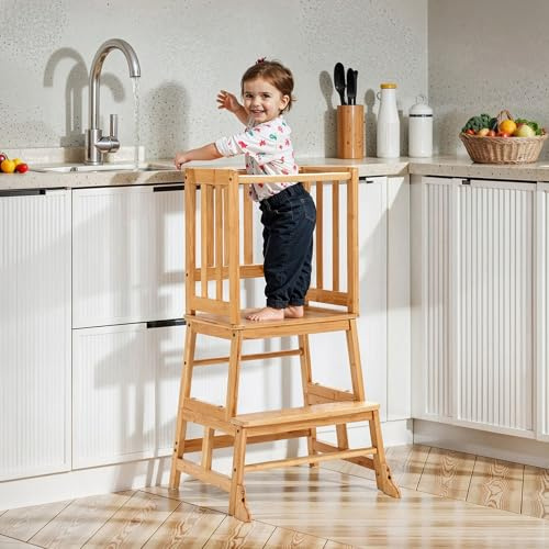 COSYLAND Montessori Lernturm ab 1 Jahr aus Bambus | Lernstuhl Kinder ab 1 Jahr mit Kippschutz, Sicherheitsbügel & rutschfesten Matten | 2-Stufen Montessori Learning Tower für Küche, Bad & Kinderzimmer