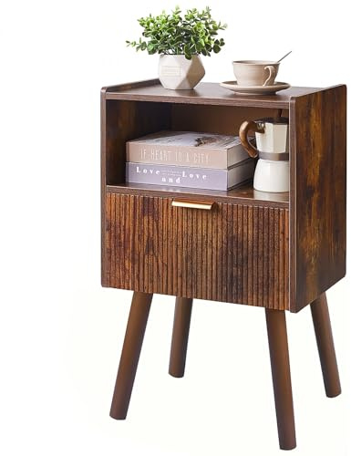 Aibiju Nachttisch, moderner Nachttische mit Schublade, Kleiner Nachttisch fürs Schlafzimmer, Nachtschrank im Mid-Century-Stil mit offenem Ablagefach, Beistelltisch, rustikales Braun YD-TM061H1