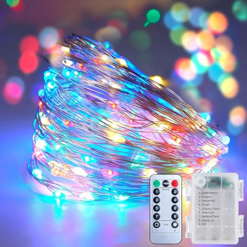 SIXIUDIA Catena Luminosa Esterno LED 10M 100 LED Batteria Multicolore | Telecomando con timer, 8 modalità di illuminazione, filo di rame flessibile e resistente all'acqua per feste e Natale