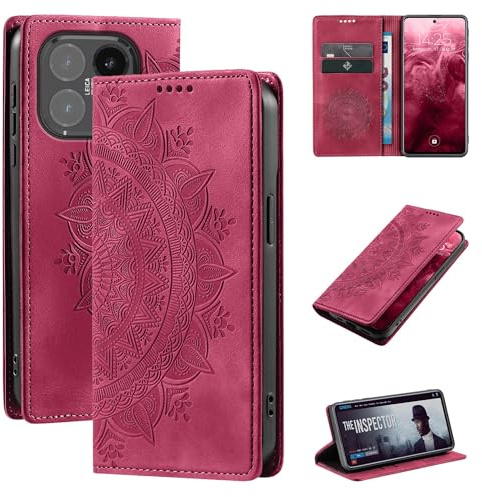 LBH Handyhülle für Xiaomi 15T Mandala Klapphülle RFID Schutz Kartenfächer Geldfach Design Cover Case Flipcase Magenta Rot