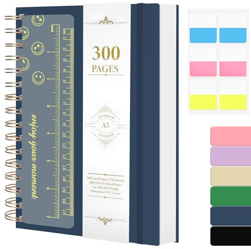 AOOSU Spiral Notizbuch A5, Hardcover Leder Liniert Notizbuch mit 300 Seiten 100gsm Dickes Papier, Notizblock für Frauen und Männer Enthält Aufkleber und Ein Lineal für Büro, Konferenz, Reise- Blau