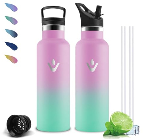 Mujigaga Gourde- 500ml- Bouteille Isotherme, Sans BPA, Gourde avec Paille, Anti Fuite, Bouteille Isotherme Avec Poignée, Facile à Transporter, Gourdes pour École, Bureau, Camping