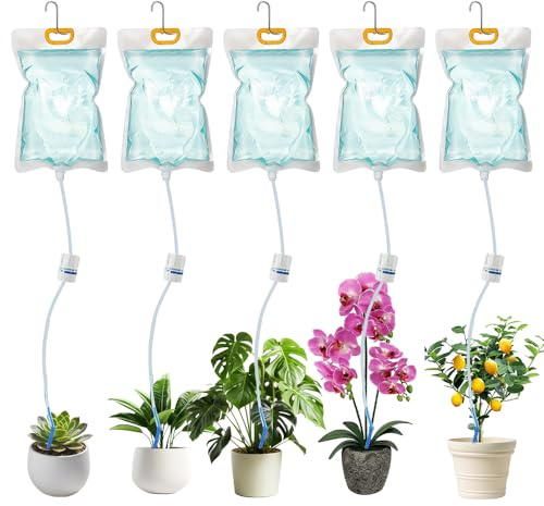 mizikuu 5 Pièces 3,5 L Dispositifs D'Arrosage des Plantes, Transparent Sacs D'irrigation Goutte à Goutte Réutilisable avec Interrupteur de Commande Réglable pour Arrosage Pot Fleurs Plante