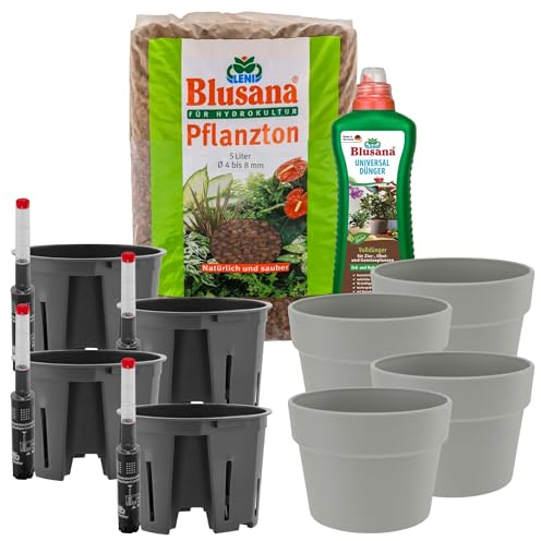Leni Classic Hydrokultur Komplett-Set Ø 13 cm Höhe 10 cm 4er-Pack Grau | Übertopf mit Pflanzton und Dünger, Blumentopf, Hydro-Bewässerungssystem mit Kulturtopf und Gießanzeige, für Zimmerpflanzen