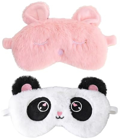 2 PCS Masque de Sommeil, Masque de Nuit Enfant en Peluche Mignon 3D Moelleux Masque pour dormir, cache-œil en satin pour femmes, pour voyage et sieste, cadeau (Panda et lapin)
