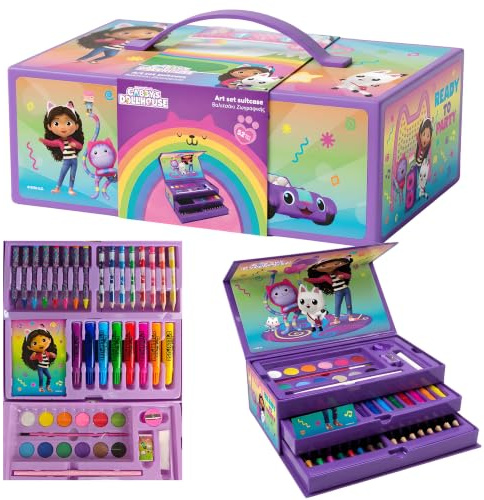 Diakakis Gabby's Dollhouse Deluxe Malset für Kinder | 52-teiliges Kreativset mit Filzstiften, Wachsmalstiften, Buntstiften, Wasserfarben & mehr | Tragbarer Malkoffer | Geschenk für Mädchen