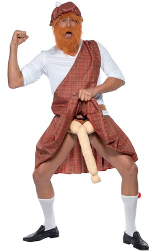 Smiffys Well Hung Highlander Costume, Red Hat, Beard, Top, Sash, Kilt, Sporran, Socks & Endo, Funny Fancy Dress, Comedy Dress Up Costumes