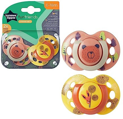 Tommee Tippee Fun Style Dummies, Symmetrical Orthodontic Design, BPA-Free Silicone, 6-18m, Pack of 2 Dummies (Assorted Color/Model)
