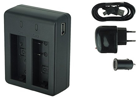 Dual-Ladegerät (Netz+Kfz+USB) für Qumox SJ4000, SJ4000+, SJ5000, SJ5000+, SJ5000X Elite/SJCam M10(+), X1000 / DBPower EX4000, EX5000 ... s. Liste!