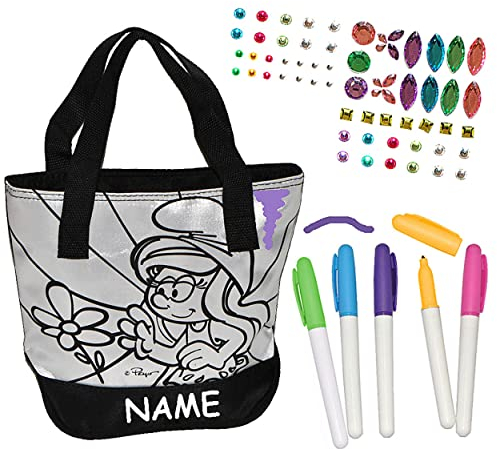 alles-meine.de GmbH Bastelset zum Bemalen - Umhängetasche/Schultertasche - Die Schlümpfe - incl. Name - abwischbar groß - Kindertasche Tasche Stoff Mädchen Tragetasche Papa/S..