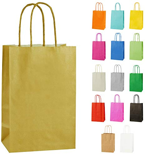 Thepaperbagstore 10 Gold x Small Paper Bags with Twist Handles 14x21x8cm | colour recyclable kraft, ideal for sweets, favours, gifts, weddings, birthdays, parties and events