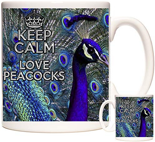 Tasse mit Pfauen-Motiv, Aufschrift Keep Calm Love Peacocks, Keramik, personalisierbar