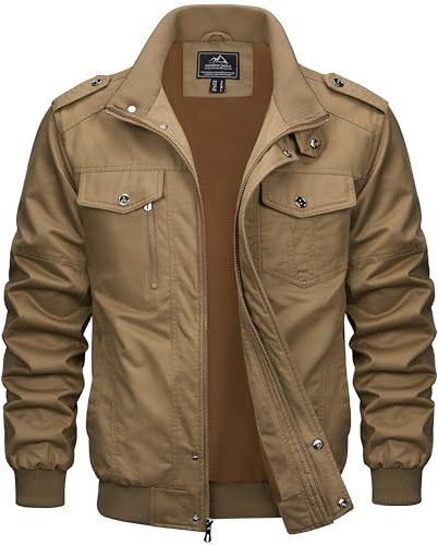MAGCOMSEN Herren Outdoorjacke Militär Übergangsjacke Atmungsaktiv Army Feldjacke Herren Stehkragen Cargojacke mit Multi Taschen Winddicht Arbeitsjacke Khaki 3XL