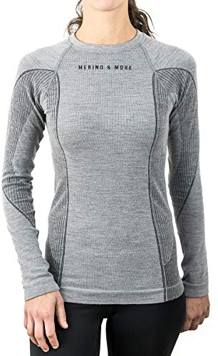 Merino & More Merino Shirt Damen Langarm - Premium Funktionsunterwäsche aus Merinowolle - Sport - Langarm - Funktionsunterhemd schwarz-grau Gr. M