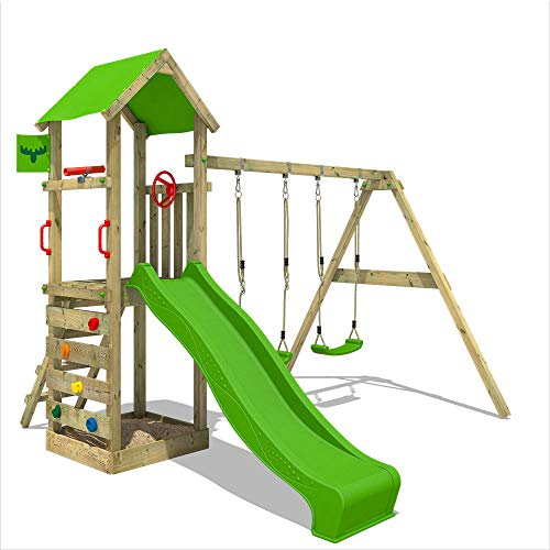 Fatmoose Aire de Jeux KiwiKey Kick XXL avec Balançoire, Toboggan Double Vague, Bac à Sable, Échelles d'escalade, Volant, Télescope SpecialSpy, en Bois Massif Imprégné pour Jardin - Vert Pomme