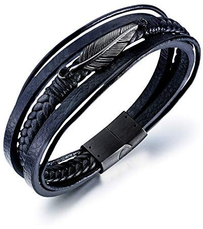 ATEIELLI Bracelet Cuir PU Noir Plume Acier Inoxydable 21cm B311 (Noir)