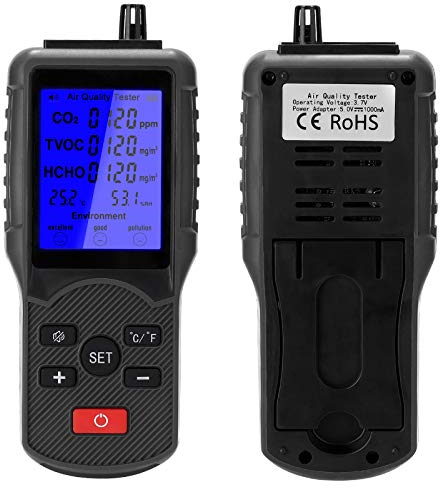 Monitor de Calidad del Aire Analizador, Medidor de CO2, Multifuncional Medidor de TVOC, Dispositivo de medición de Temperatura y Humedad, Detector de Formaldehído Interior, Probador