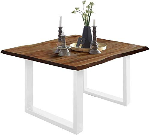 SAM Esszimmertisch 80 x 80 cm Mephisto, Baumkantentisch nussbaumfarben, Akazienholz massiv, U-Gestell aus Metall weiß