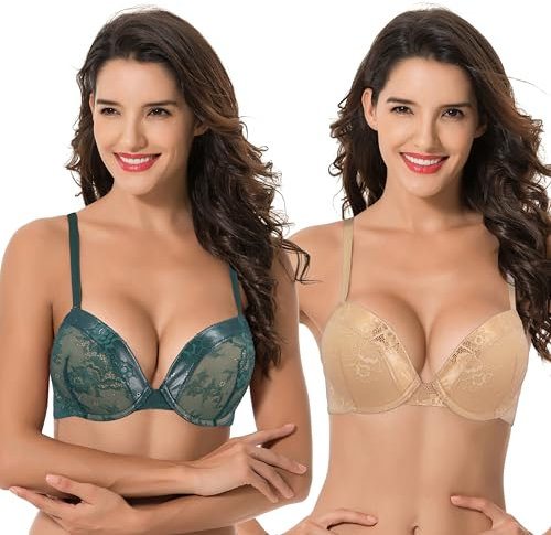 Curve Muse Women's Plus Size Add 1 and a Half Cup Push Up Underwire Lace Bras -2PK-Dk Green,Nude-46D (EU:105D)