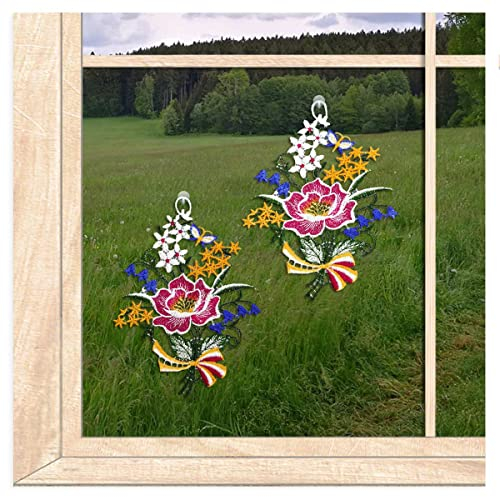 Fensterbilder Kleiner Blumenstrauß als 2er Set | Hochwertige Fensterdekoration aus Farbiger Luftspitze | Bestens für Kleiner Fenster geeignet | Größe: je 13 x 18 cm