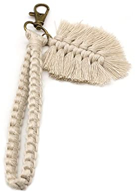 Makramee Schlüsselanhänger Boho Armband Schlüsselanhänger Handgelenk Lanyard Handmade Weave Blätter Anhänger Exquisite Halter für Frauen, Farbe: Beige, One size