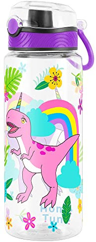 Home Tune Cute Water Bottle for School Kids Girls, BPA FREE Tritan & Leak Proof & Easy Clean & Carry Handle, 23oz/ 680ml (Rainbow Dinosaur)