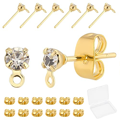 Beebeecraft 1 Box 40 Stück 18 Karat Echt Vergoldete Ohrstecker Runde Zirkonia-Ohrstecker Mit Schleife Für Frauen Mädchen Schmuckherstellung DIY Handwerk