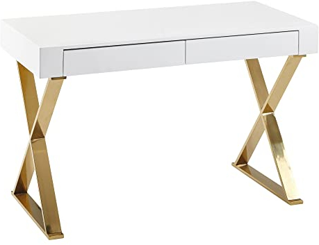möbelando Schreibtisch 118x76x57 cm Holz Hochglanz Weiß Metallbeine Golden | Design Computertisch PC-Tisch Bürotisch Modern | Konsolentisch Schubladen