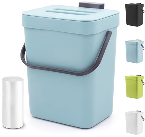 MONGTINGLU Small Trash Can with Lid - 1.3 Gallon Kitchen Hanging Trash Can for Cabinet Door/Under Sink, Countertop Compost Bin, Small Garbage Can for Desk, 5L(Subtle Blue)
