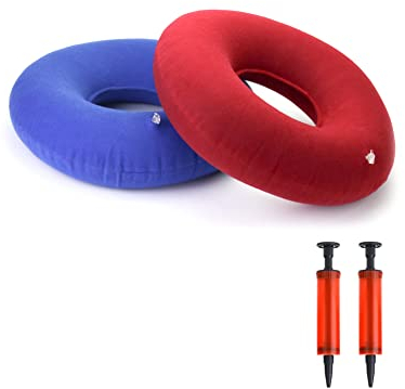 QWORK® 2 STK Aufblasbare Sitzkissen, Orthopädische Sitzring mit Pumpe für Hämorrhoiden Steißbeinschmerzen Schwangere (Rot, Blau)