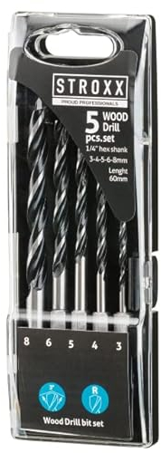 STROXX® Holzbohrerset |5tlg.| Ø 3,4,5,6,8 mm | Länge: 60mm | mit Sechskant-Bit-Aufnahme | Carbon Stahl | Spiralbohrer | in Kunststoffbox