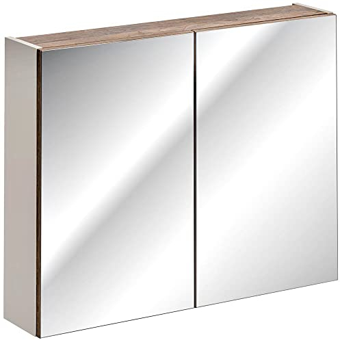 Lomadox Badezimmer Spiegelschrank 80cm, Taupe mit Vintage Oak Eiche, 2 türig, Glaseinlageböden, Steckdose, B/H/T: ca. 80/65/16 cm