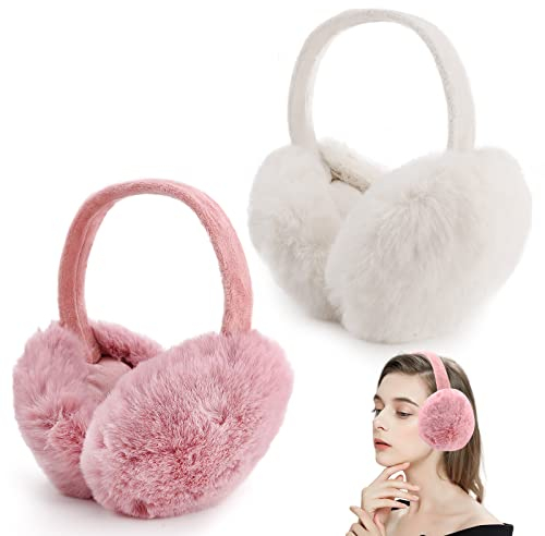 2 Cache-oreilles d'hiver, Cache-oreilles Pliable Résistant au Vent Peluche, Accessoire d'hiver l'extérieur Protecteur d'oreille Unisexe Doux et Chaud pour Femmes, Hommes, Filles, Garçons(Rose & Blanc)