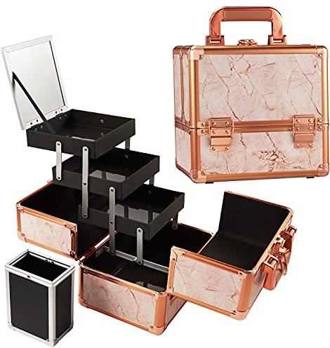 Kosmetikkoffer Make up Koffer Schminkkoffer Leer mit Spiegel Alu Beauty Case Abschließbarer Make up Organizer Koffer Nagelkoffer,Rosegold Marmor