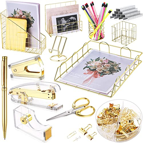 13-teiliges Schreibtisch-Organizer, Bürozubehör-Set, Magazin-Aktenordner, Briefsortierer, Stift, Becher, Notizhalter, Handyhalter, Heftklammern, Kugelschreiber, Schere für Zuhause (Gold)