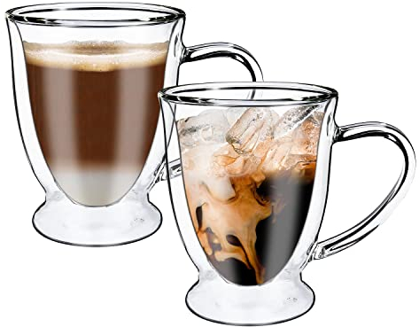 Vinsani VERRE Double Walled Coffee Drink Glasses Tea Cup Mug 270ml Set of 2 Heat Cold Resistant Aesthetic Clear Borosilicate Glass with Handle Cappuccino Latte Tea Dessert Hot and Cold Drinks