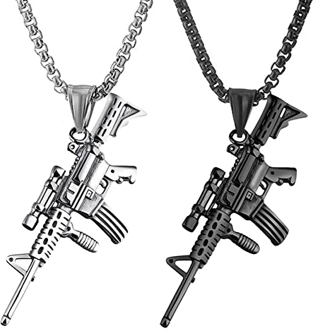 JKJF 2 Stück Armee Gewehr Anhänger Halskette Hip Hop Punk Rock Pistole Kette Gotik Sturmgewehr Halskette Vintage Biker Halskette für Herren - Schwarz Silber Stil 1