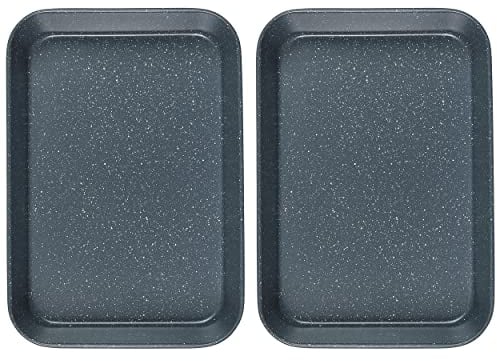 Russell Hobbs COMBO-8284 Deep Roasting Pan Set of 2, Non-Stick Carbon Steel Roaster, Tall Sides Tray for Meats, Vegetables, Large Oven Tin, Family Size, Nightfall Stone Collection, Blue Marble, 39 cm